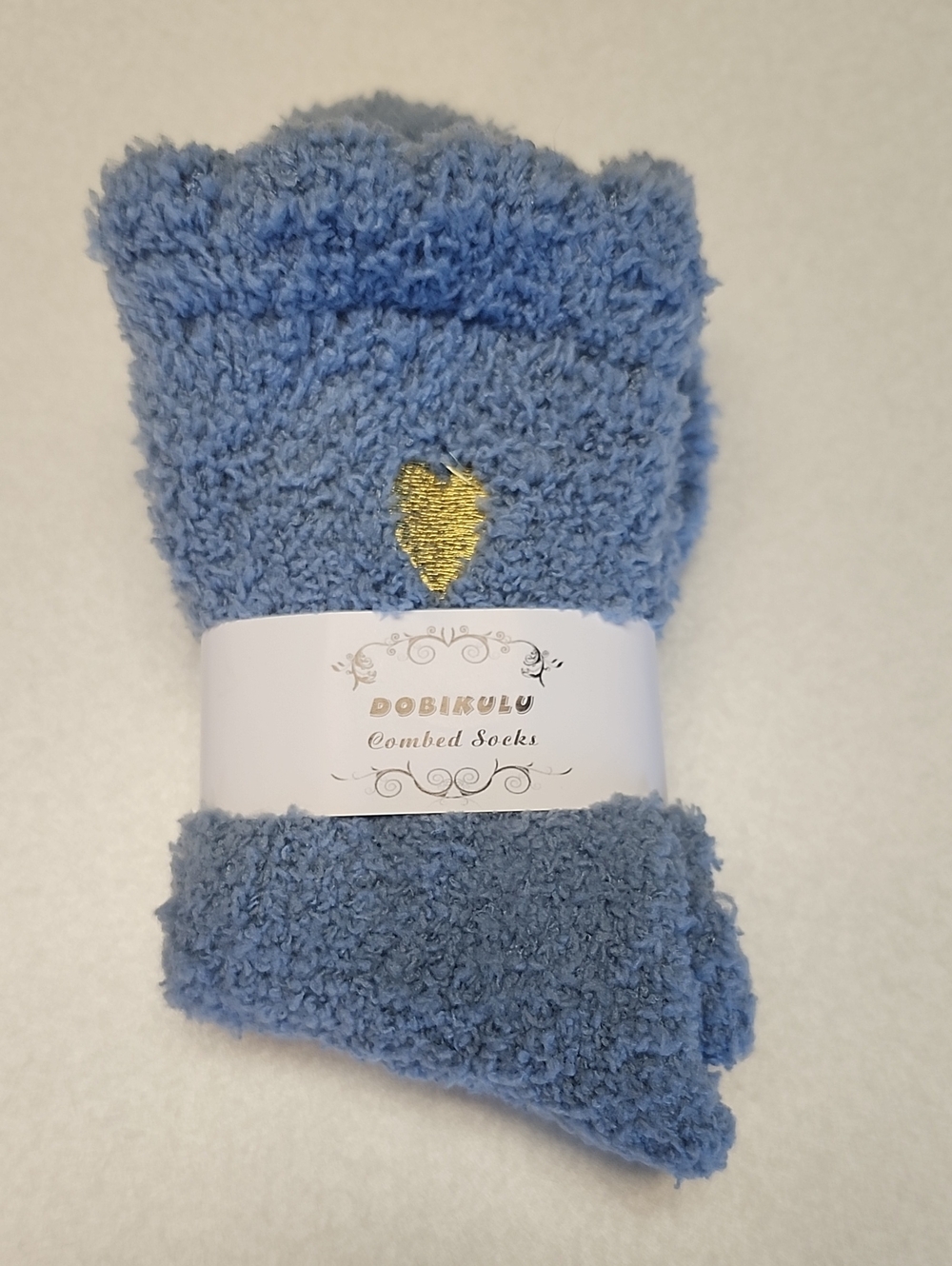Dobikulu Dusty Blue Fuzzy Socks, Gold Heart, NWT